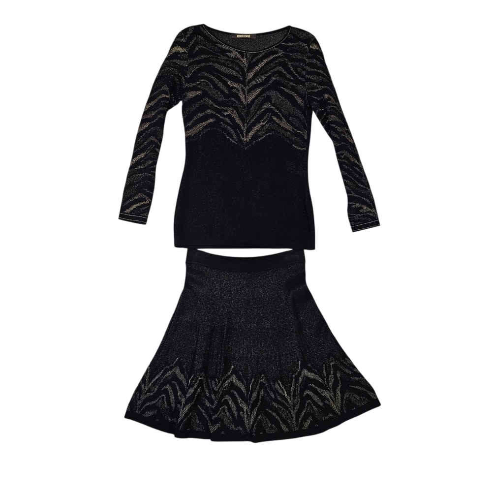 Roberto Cavalli Black & Gold Metallic Animal Print 2-Piece Knit Set